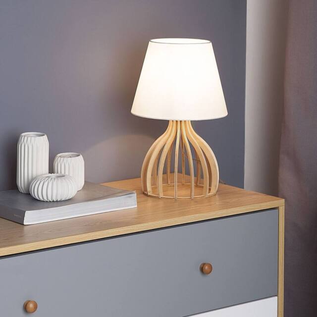 Wyld and Coco Modern Table Lamp - Light Brown Plywood Base White Fabric Shade - image 1