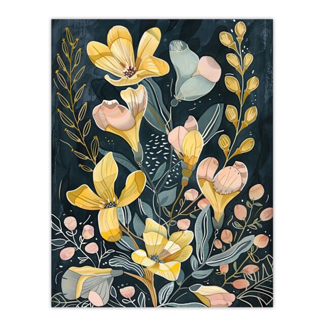 "Artery8 Ochre Freesia Flowers Painting Dark Wildflowers Wall Art Print in Yellow - Size: W24"" x H32""" - image 1