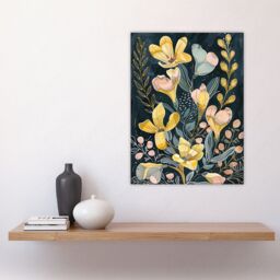 "Artery8 Ochre Freesia Flowers Painting Dark Wildflowers Wall Art Print in Yellow - Size: W24"" x H32""" - thumbnail 4