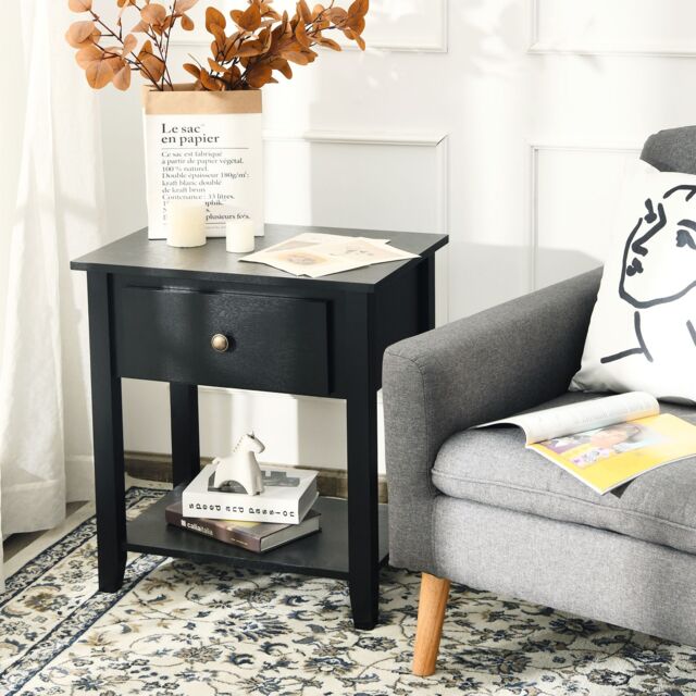 Costway Accent Table Bedroom Narrow Side End Table Storage Cabinet Wooden Nightstand in Black - image 1