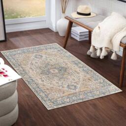 Livabliss Lilian-Washable Blue Brown Vintage Traditional Boho Living Dining Rug in Beige - Size: 80 cm x 220 cm - thumbnail 9