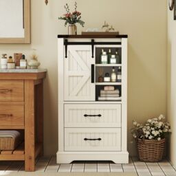 Gymax Bathroom Floor Cabinet Farmhouse Style Freestanding Cabinet-White in White - thumbnail 3
