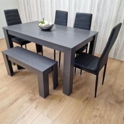 KOSY KOALA Dining Table & 4 Chairs With a Bench Black Dark Grey 4 Black Leather Chairs 1 Grey Bench Wood Dining Set Furniture in Brown - thumbnail 1