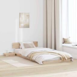 Berkfield Home Floor Bed Frame with Bedside Tables 90x200cm Solid Wood in Beige - Size: 90x200 cm - thumbnail 2