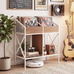 Costway 4-Grid Vinyl Record Storage Rack 2-Tier Display Metal Frame in Natural - thumbnail 3