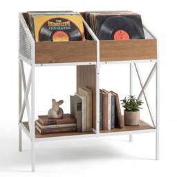 Costway 4-Grid Vinyl Record Storage Rack 2-Tier Display Metal Frame in Natural - thumbnail 4