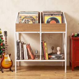 Costway 4-Grid Vinyl Record Storage Rack 2-Tier Display Metal Frame in Natural - thumbnail 6