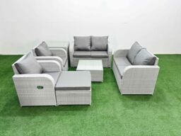 Fimous 7 Seater Outdoor Reclining Chair Love Sofa Set Rattan Garden Furniture Set with Square Coffee Table Footstool Side Table Light Grey - thumbnail 2