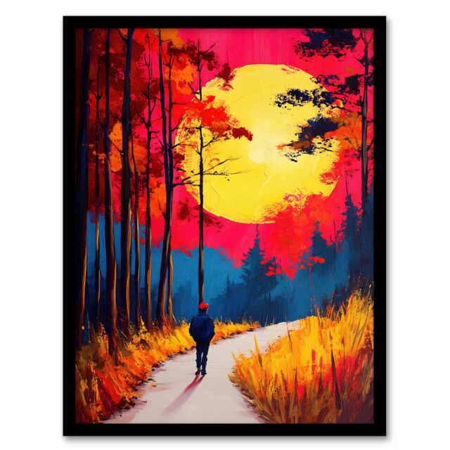 "Artery8 Vibrant Sunset Sky Autumn Forest Walk Path Hike Framed Art Print in Orange - Size: W12"" x H16""" - image 1