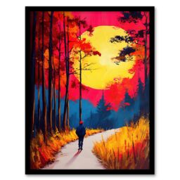 "Artery8 Vibrant Sunset Sky Autumn Forest Walk Path Hike Framed Art Print in Orange - Size: W12"" x H16""" - thumbnail 1