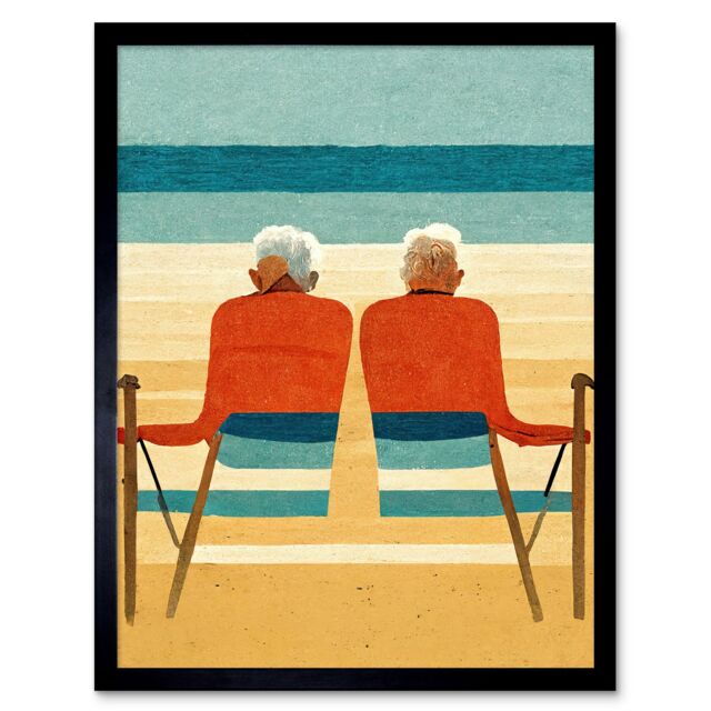 "Artery8 Wall Art Print Elderly Couple Retired On The Beach Seaside Art Framed in Black - Size: W12"" x H16""" - image 1