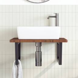 Berkfield Home Elegant Basin Shelf Wall Mounted Steel & Solid Wood Oak in Brown - thumbnail 1