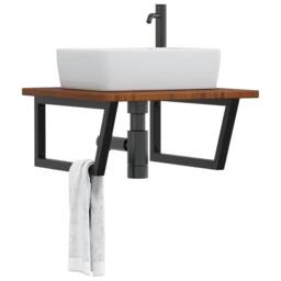 Berkfield Home Elegant Basin Shelf Wall Mounted Steel & Solid Wood Oak in Brown - thumbnail 2