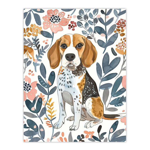 "Artery8 Dog Lover Beagle in Flower Garden Watercolour Wall Art Print - Size: W18"" x H24""" - image 1