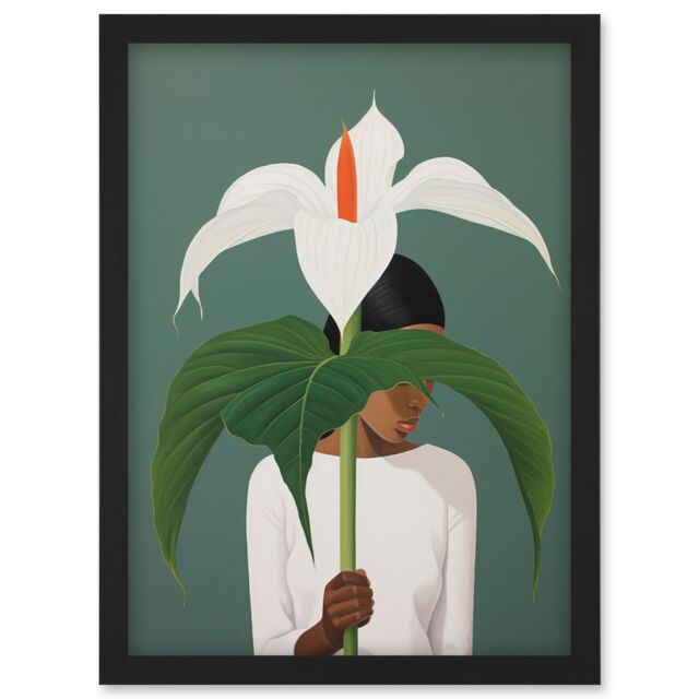 Artery8 Wall Art Print Giant Peace Lily Showcase Realistic Oil Painting White Teal Green Woman with Flower Minimalist Artwork Framed A4 in Black - image 1