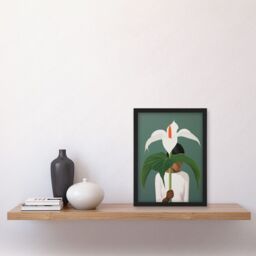 Artery8 Wall Art Print Giant Peace Lily Showcase Realistic Oil Painting White Teal Green Woman with Flower Minimalist Artwork Framed A4 in Black - thumbnail 2