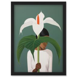 Artery8 Wall Art Print Giant Peace Lily Showcase Realistic Oil Painting White Teal Green Woman with Flower Minimalist Artwork Framed A4 in Black - thumbnail 1