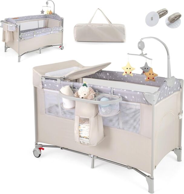 Gymax 5-in-1 Portable Bedside Crib On Wheels Folding Changing Table Playpen in Beige - image 1