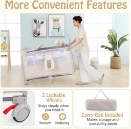 Gymax 5-in-1 Portable Bedside Crib On Wheels Folding Changing Table Playpen in Beige - thumbnail 3