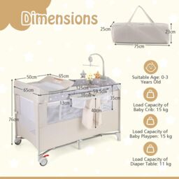 Gymax 5-in-1 Portable Bedside Crib On Wheels Folding Changing Table Playpen in Beige - thumbnail 5