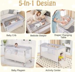 Gymax 5-in-1 Portable Bedside Crib On Wheels Folding Changing Table Playpen in Beige - thumbnail 2