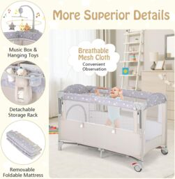 Gymax 5-in-1 Portable Bedside Crib On Wheels Folding Changing Table Playpen in Beige - thumbnail 6