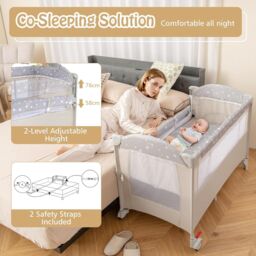 Gymax 5-in-1 Portable Bedside Crib On Wheels Folding Changing Table Playpen in Beige - thumbnail 4