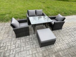 Fimous Outdoor Garden Furniture High Back Rattan Sofa Dining Table Set with Big Footstool Dark Grey Mixed - thumbnail 1