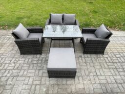 Fimous Outdoor Garden Furniture High Back Rattan Sofa Dining Table Set with Big Footstool Dark Grey Mixed - thumbnail 2