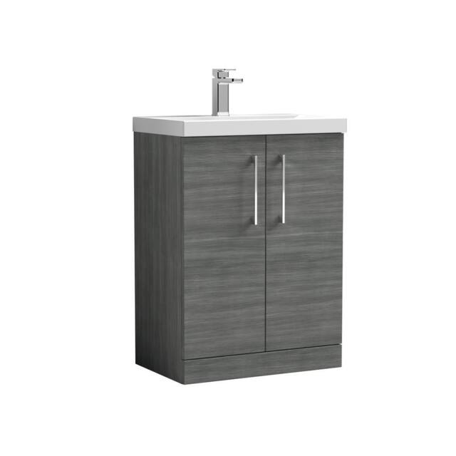 Balterley Contemporary Bathroom Floor Standing 2 Soft-Close Door Vanity Unit & Mid-Edge Ceramic Basin, Anthracite Woodgrain, 600mm in Grey - image 1