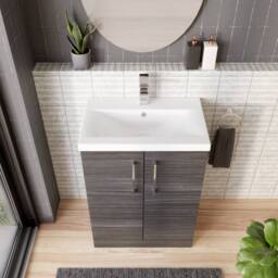 Balterley Contemporary Bathroom Floor Standing 2 Soft-Close Door Vanity Unit & Mid-Edge Ceramic Basin, Anthracite Woodgrain, 600mm in Grey - thumbnail 3