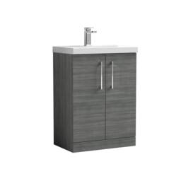 Balterley Contemporary Bathroom Floor Standing 2 Soft-Close Door Vanity Unit & Mid-Edge Ceramic Basin, Anthracite Woodgrain, 600mm in Grey