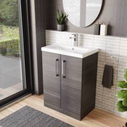 Balterley Contemporary Bathroom Floor Standing 2 Soft-Close Door Vanity Unit & Mid-Edge Ceramic Basin, Anthracite Woodgrain, 600mm in Grey - thumbnail 4