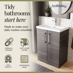 Balterley Contemporary Bathroom Floor Standing 2 Soft-Close Door Vanity Unit & Mid-Edge Ceramic Basin, Anthracite Woodgrain, 600mm in Grey - thumbnail 7