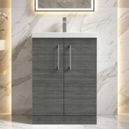 Balterley Contemporary Bathroom Floor Standing 2 Soft-Close Door Vanity Unit & Mid-Edge Ceramic Basin, Anthracite Woodgrain, 600mm in Grey - thumbnail 9