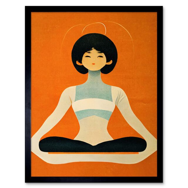 "Artery8 Wall Art Print Peaceful Japanese Woman In Yoga Pose Orange Black Quirky Art Framed - Size: W12"" x H16""" - image 1