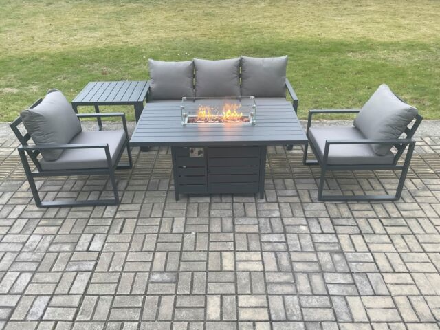 Fimous Aluminium Outdoor Garden Furniture Set Gas Fire Pit Dining Table Set Gas Heater Burner with 2 Arm Chair Side Table Dark Grey 5 Seater - image 1