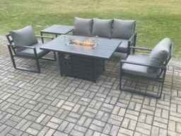 Fimous Aluminium Outdoor Garden Furniture Set Gas Fire Pit Dining Table Set Gas Heater Burner with 2 Arm Chair Side Table Dark Grey 5 Seater - thumbnail 2