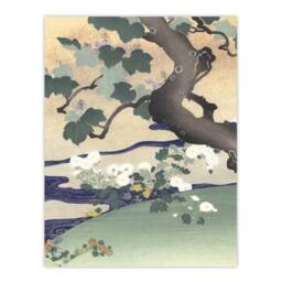 "Artery8 Tree & Chrysanthemums Vintage Japan Wall Art Print Tsukioka in Green - Size: W18"" x H24""" - thumbnail 1