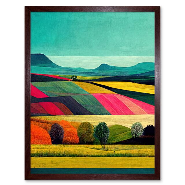 "Artery8 Wall Art Print Colourful Bright Countryside Fields Landscape Painting Art Framed in Brown - Size: W12"" x H16""" - image 1