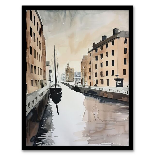 "Artery8 Sailboat Sailing in Quiet Canal Watercolour Framed Wall Art in Grey - Size: W12"" x H16""" - image 1