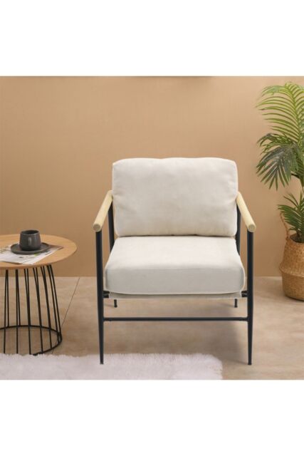 Modern Linen Armchair with Thick Cushion & Wooden Arm in White