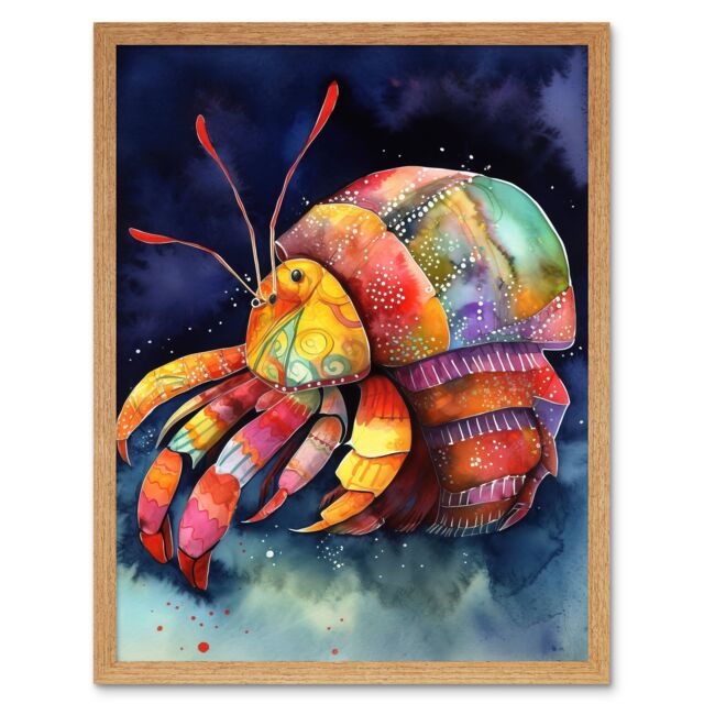 "Artery8 Wall Art Print Hermit Crab Vibrant Folk Art Watercolour Painting Art Framed in Light Oak - Size: W12"" x H16""" - image 1