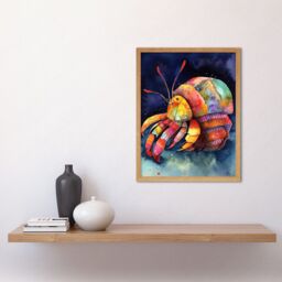 "Artery8 Wall Art Print Hermit Crab Vibrant Folk Art Watercolour Painting Art Framed in Light Oak - Size: W12"" x H16""" - thumbnail 2