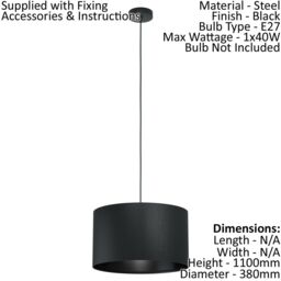 Loops Pendant Ceiling Light Colour Black Shade Round Black Fabric Bulb E27 1x40W - thumbnail 2