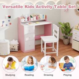 VOGREX Wooden Kids Study Desk & Chair Set in Pink - thumbnail 6