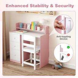 VOGREX Wooden Kids Study Desk & Chair Set in Pink - thumbnail 4