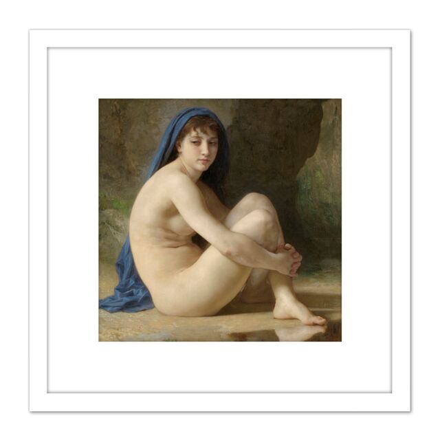 Artery8 William Adolphe Bouguereau Seated Nude 1884 Painting 8X8 Inch Square Wooden Framed Wall Art Print Picture with Mount in White - image 1