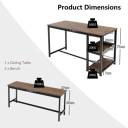 Gymax 3PCS Dining Set Dining Table 2 Benches Set With Storage Shelf & Wine Rack in Brown - thumbnail 2