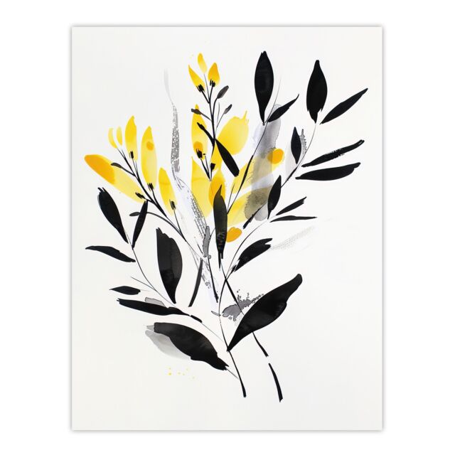 "Artery8 Abstract Botanical Yellow Black Leaves Fronds Wall Art Print - Size: W12"" x H16""" - image 1